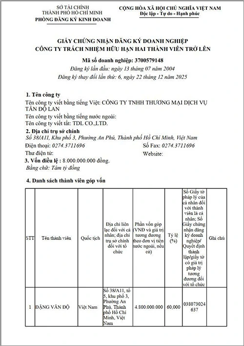 GIẤY CHỨNG NHẬN ĐĂNG KÝ DOANH NGHIỆP